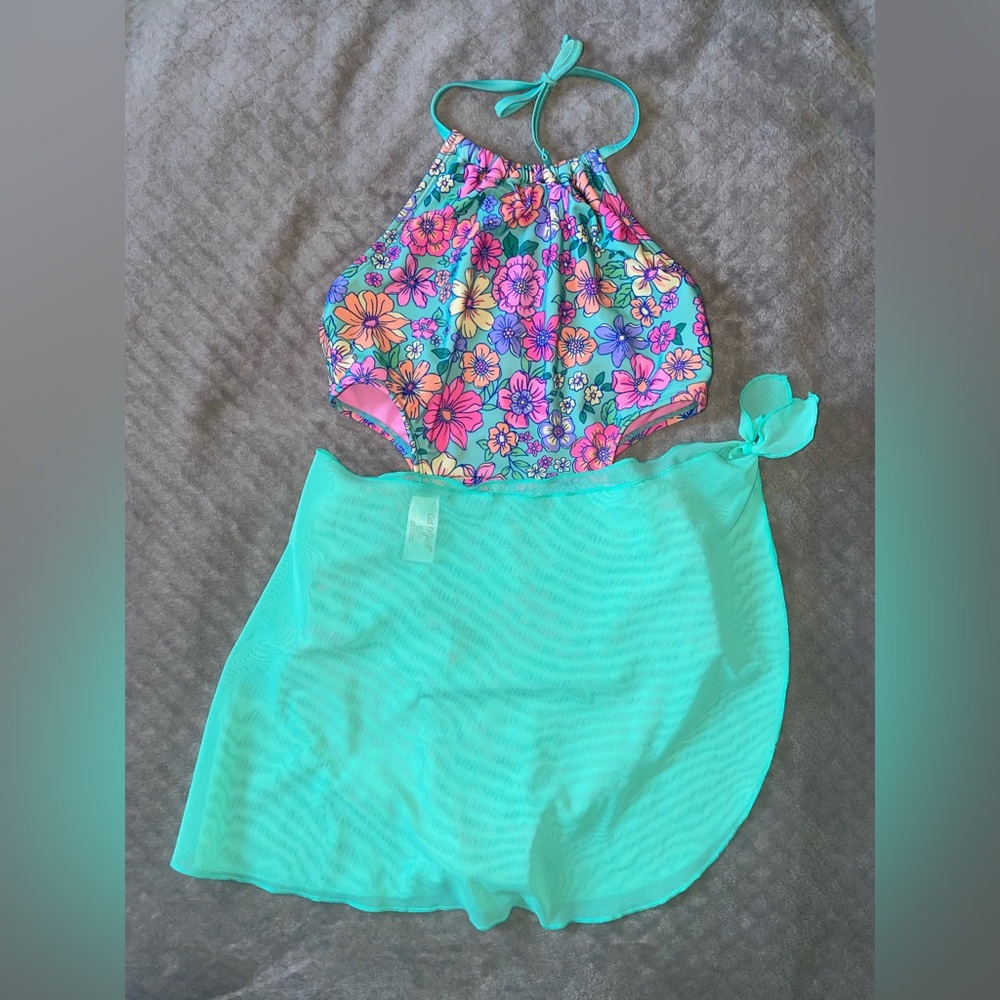 Cat & Jack Floral Swimsuit with Teal Skirt